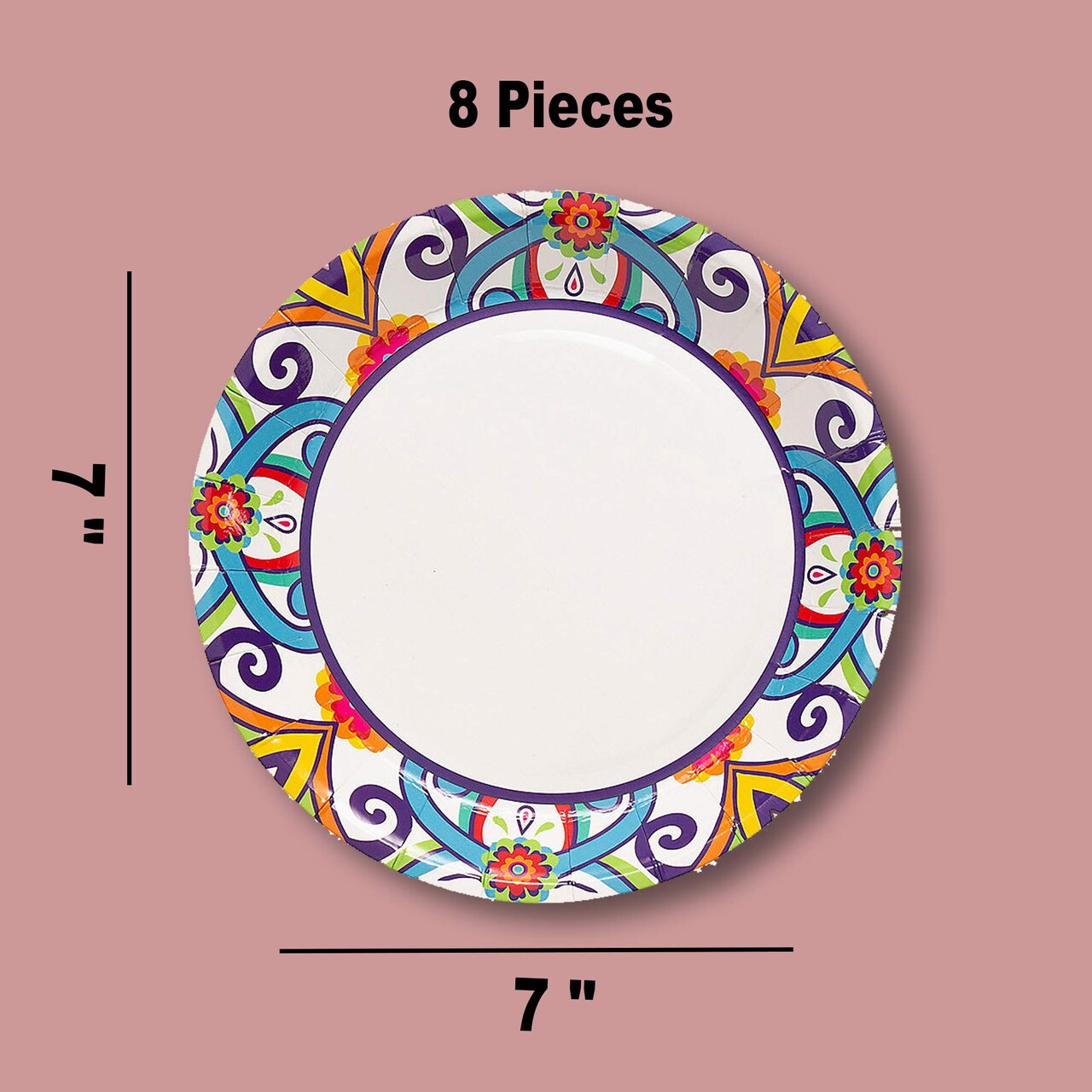 8 Ct. Colorful Fiesta Paper Dessert Plates 7" Vibrant Cinco de Mayo Party Tableware